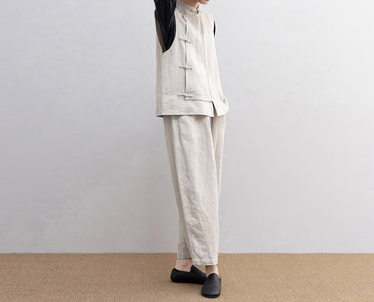 edoa Twill Flax Linen Tapered Pants with Elastic Waistband