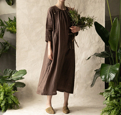 edoa Brown Ramie 3/4 Sleeves Modified Qipao