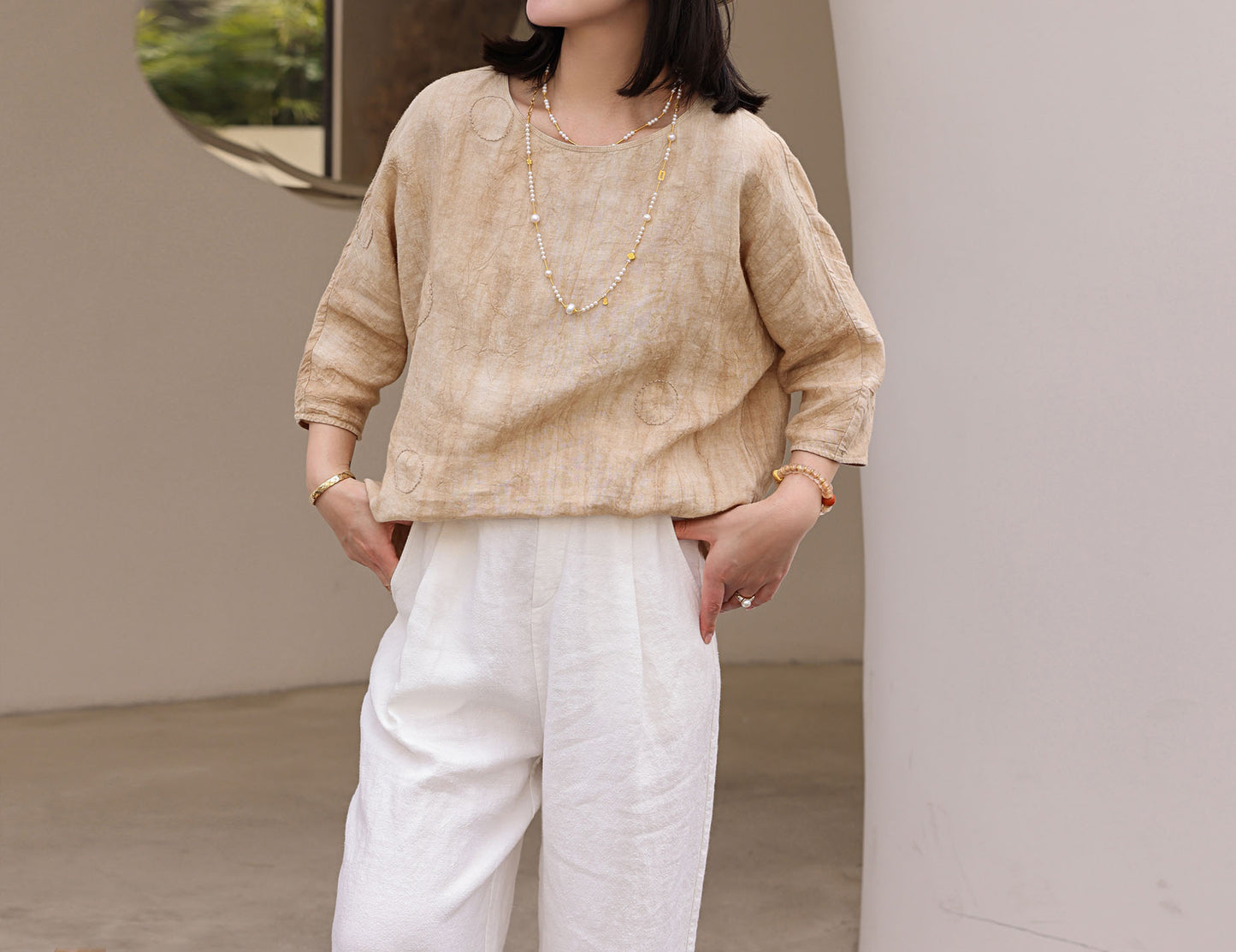 edoa Distressed Crinkled Linen Top with Hand Embroidery 