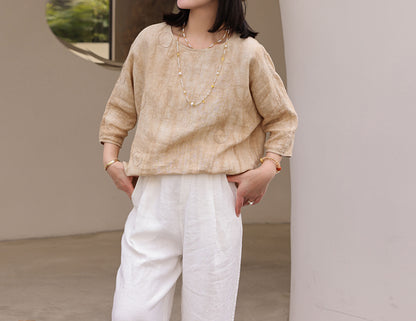 edoa Distressed Crinkled Linen Top with Hand Embroidery 