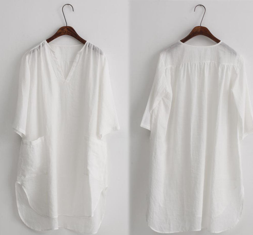 edoa Washed Ramie V-neck White Tunic Dress