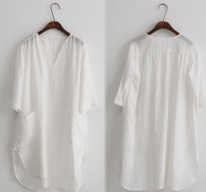 edoa Washed Ramie V-neck White Tunic Dress