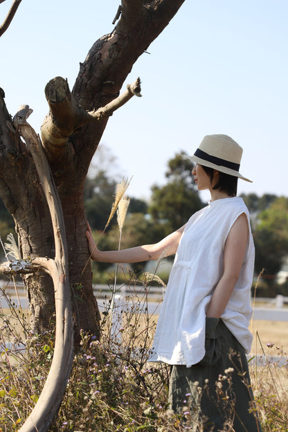 edoa White Oversized Linen Sleeveless Swing Top with Band Collar