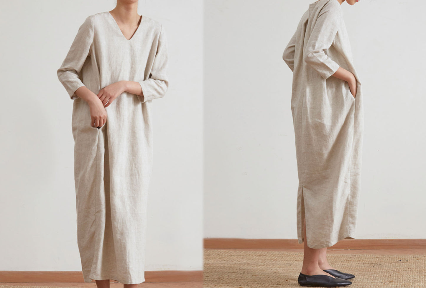edoa Flax Linen V-neckline Cocoon Dress 