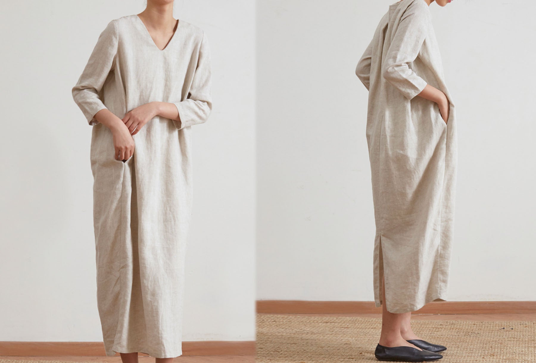 edoa Flax Linen V-neckline Cocoon Dress 