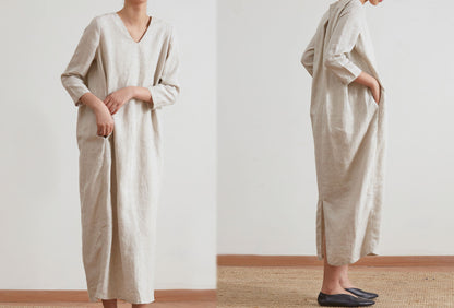 edoa Flax Linen V-neckline Cocoon Dress 