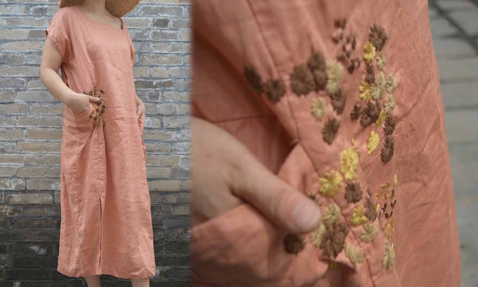 edoa Linen Dress with Hand Embroidery