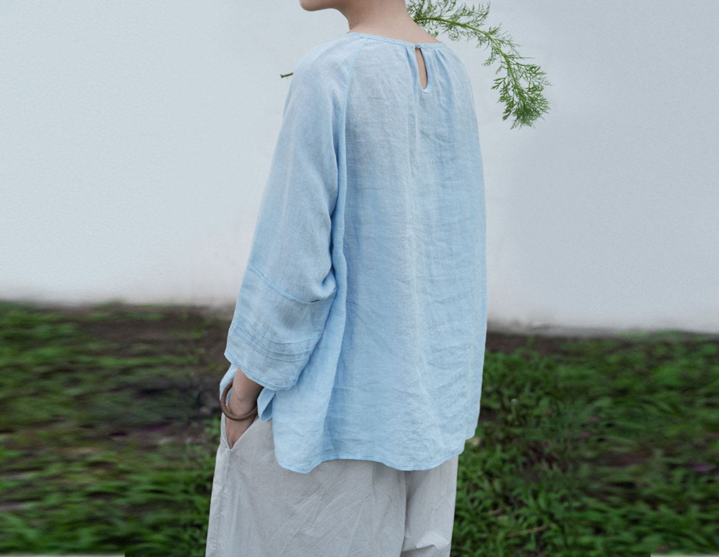 edoa Baby Blue Washed High Count Linen Blouse