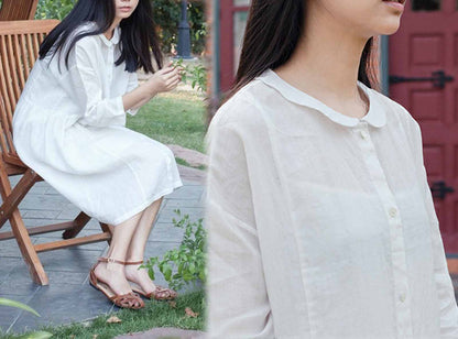 edoa White High Counted Ramie Button Down Dress