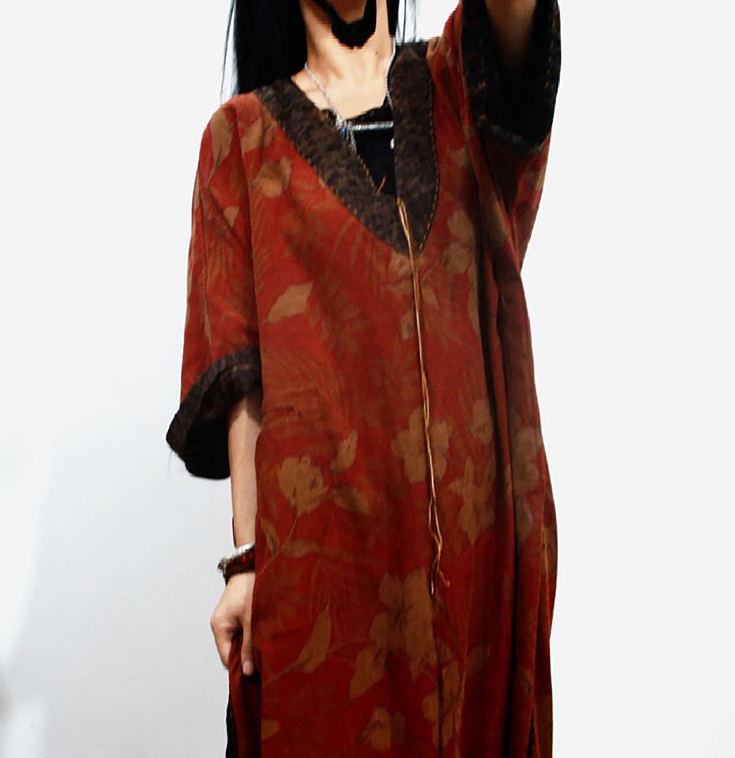 edoa Reversible Loose Fitting Deep V-neck Printed Mud Noil Silk Dress