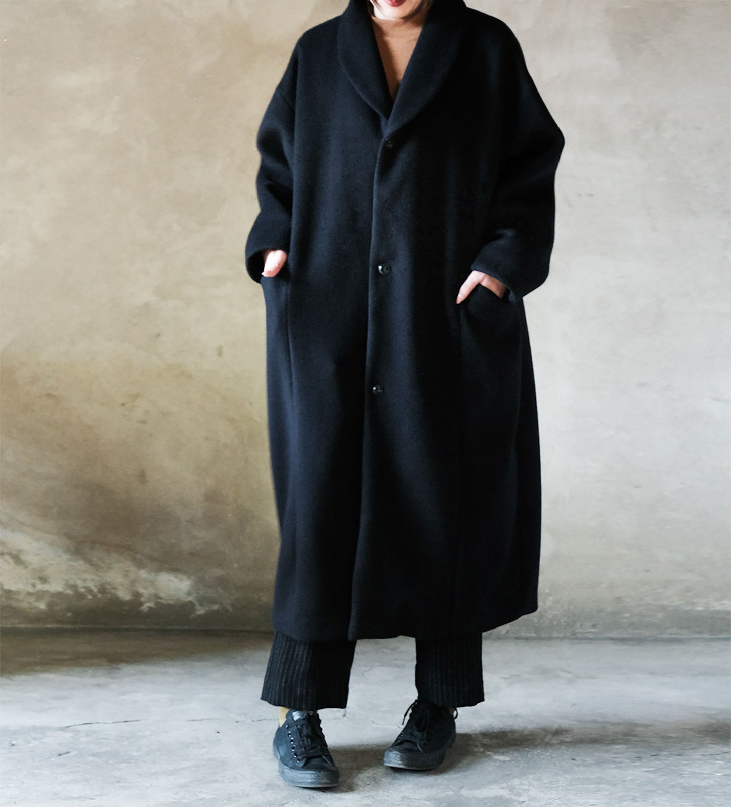 edoa Navy Blue Shawl Collar Wool Coat 