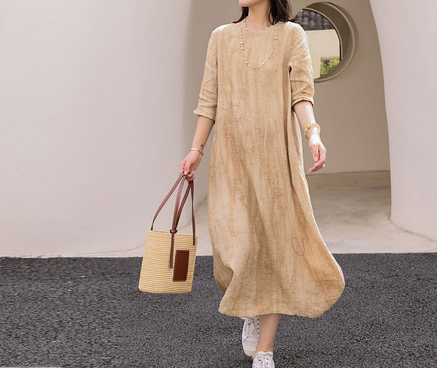 edoa Distressed Crinkled Linen A-line Dress with Hand Embroidery