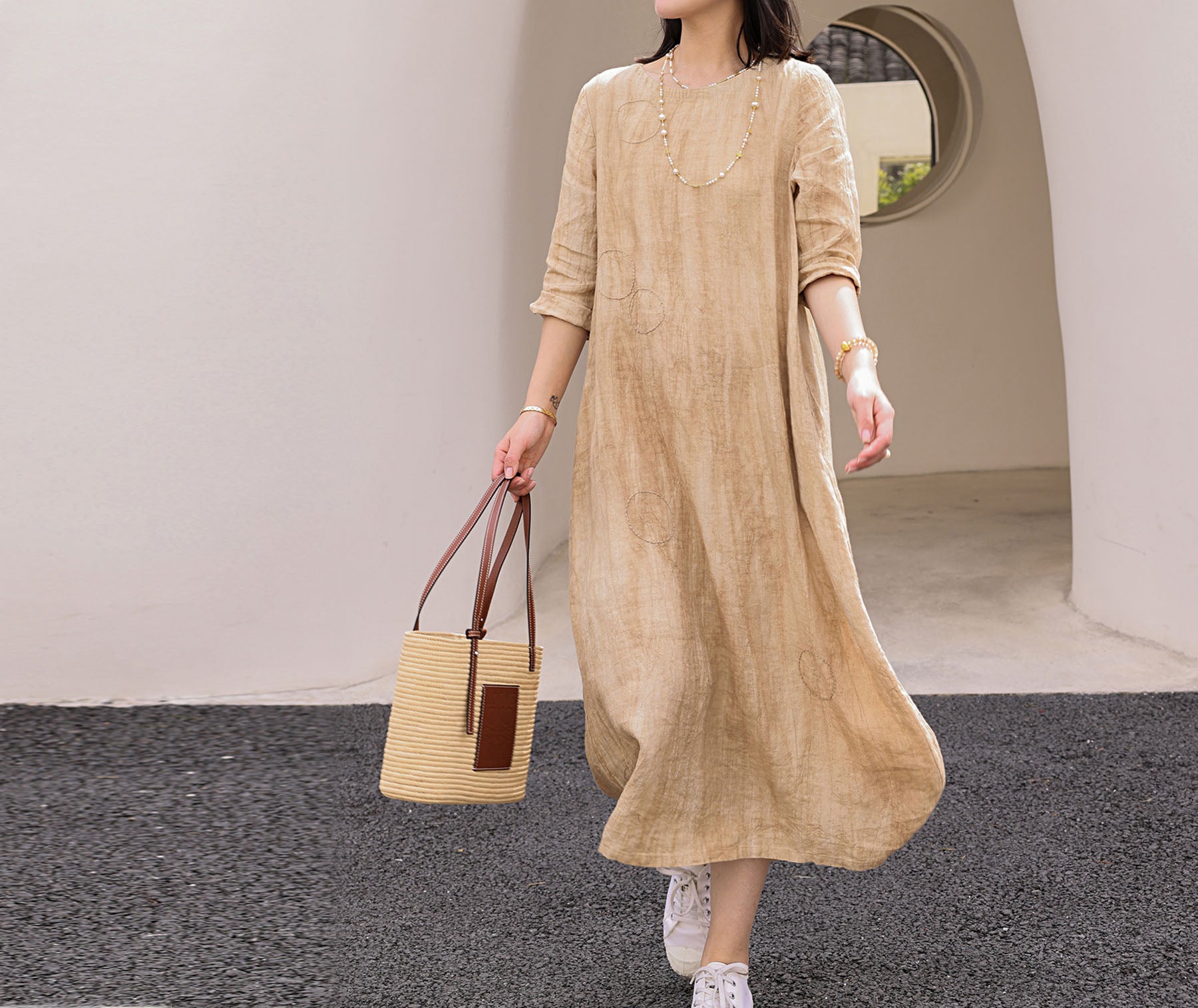 edoa Distressed Crinkled Linen A-line Dress with Hand Embroidery