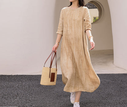 edoa Distressed Crinkled Linen A-line Dress with Hand Embroidery