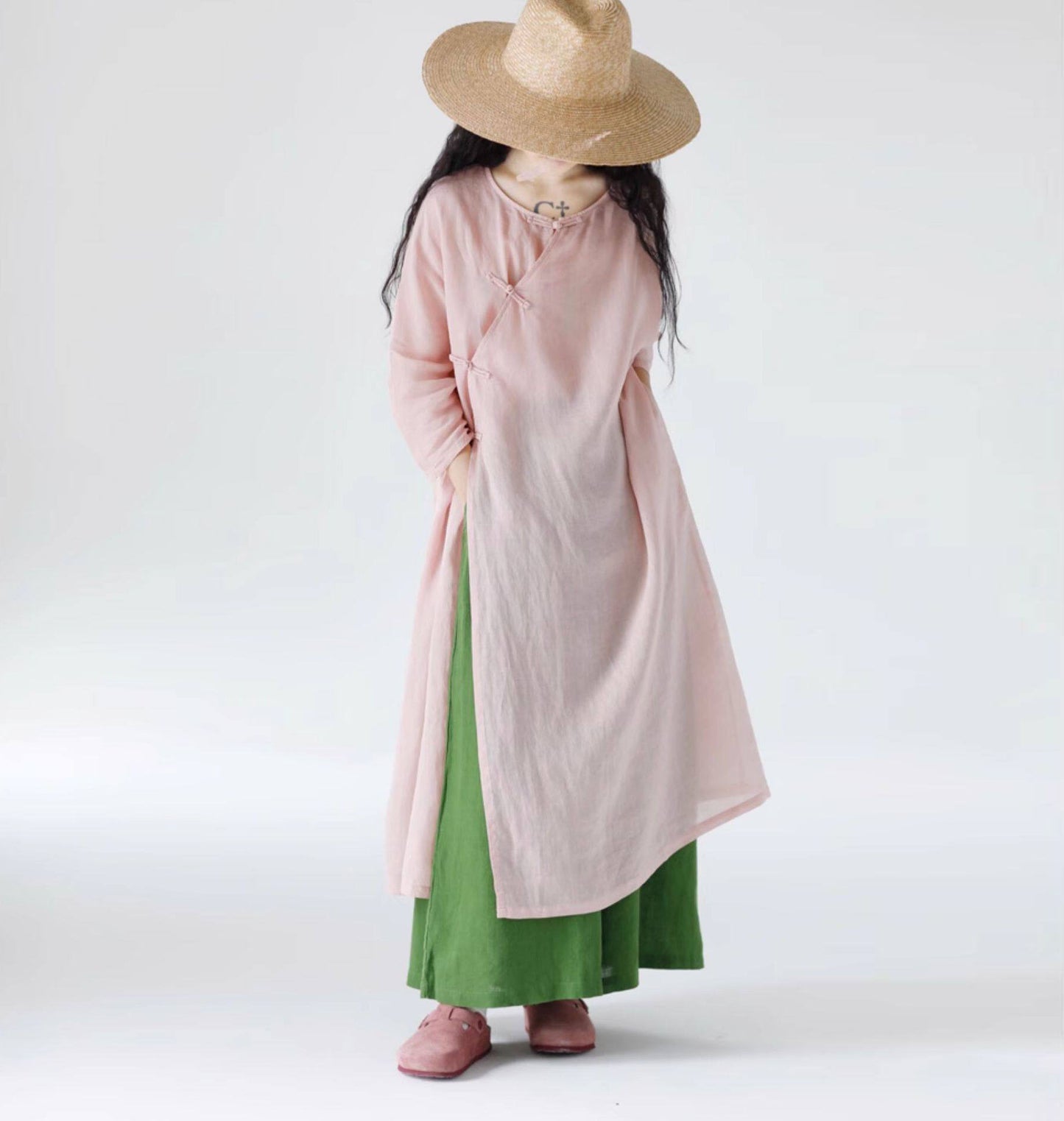 edoa Loose New Chinese Style Pink Ramie Bracelet Sleeve Cheongsam Dress