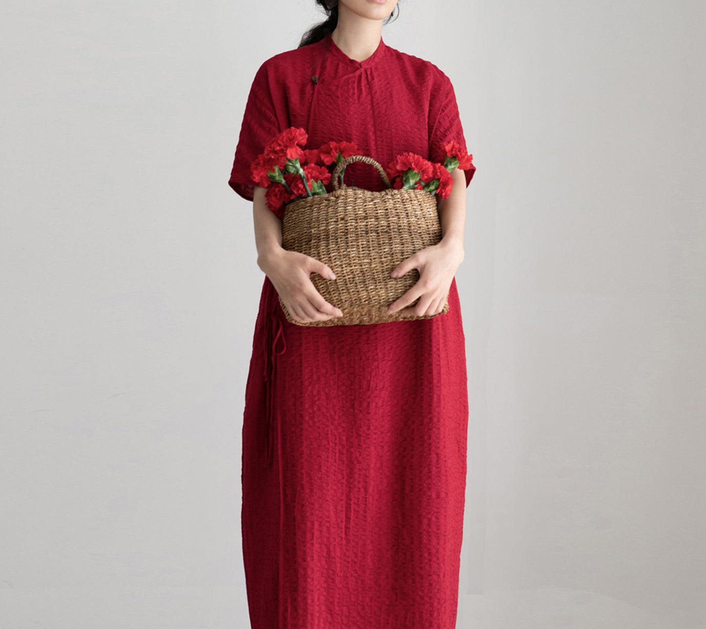 edoa Scarlet Crinkled Stripe Linen Blend Qipao Dress