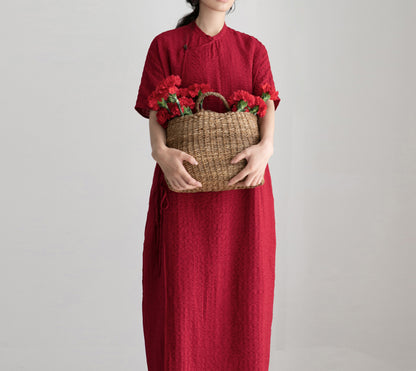 edoa Scarlet Crinkled Stripe Linen Blend Qipao Dress