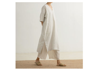 edoa Loose Fitting V-neck French Linen Dress