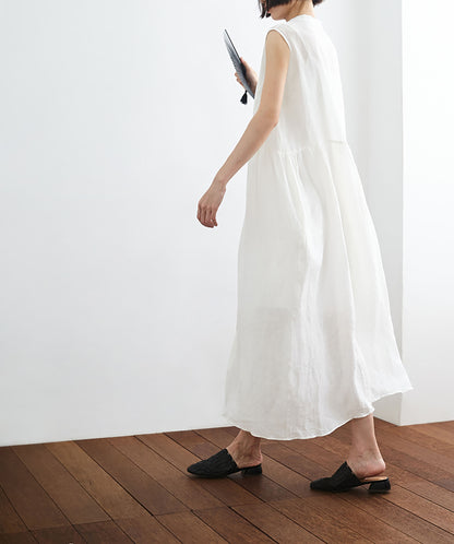 edoa Off White Sleeveless Linen Shirt Dress