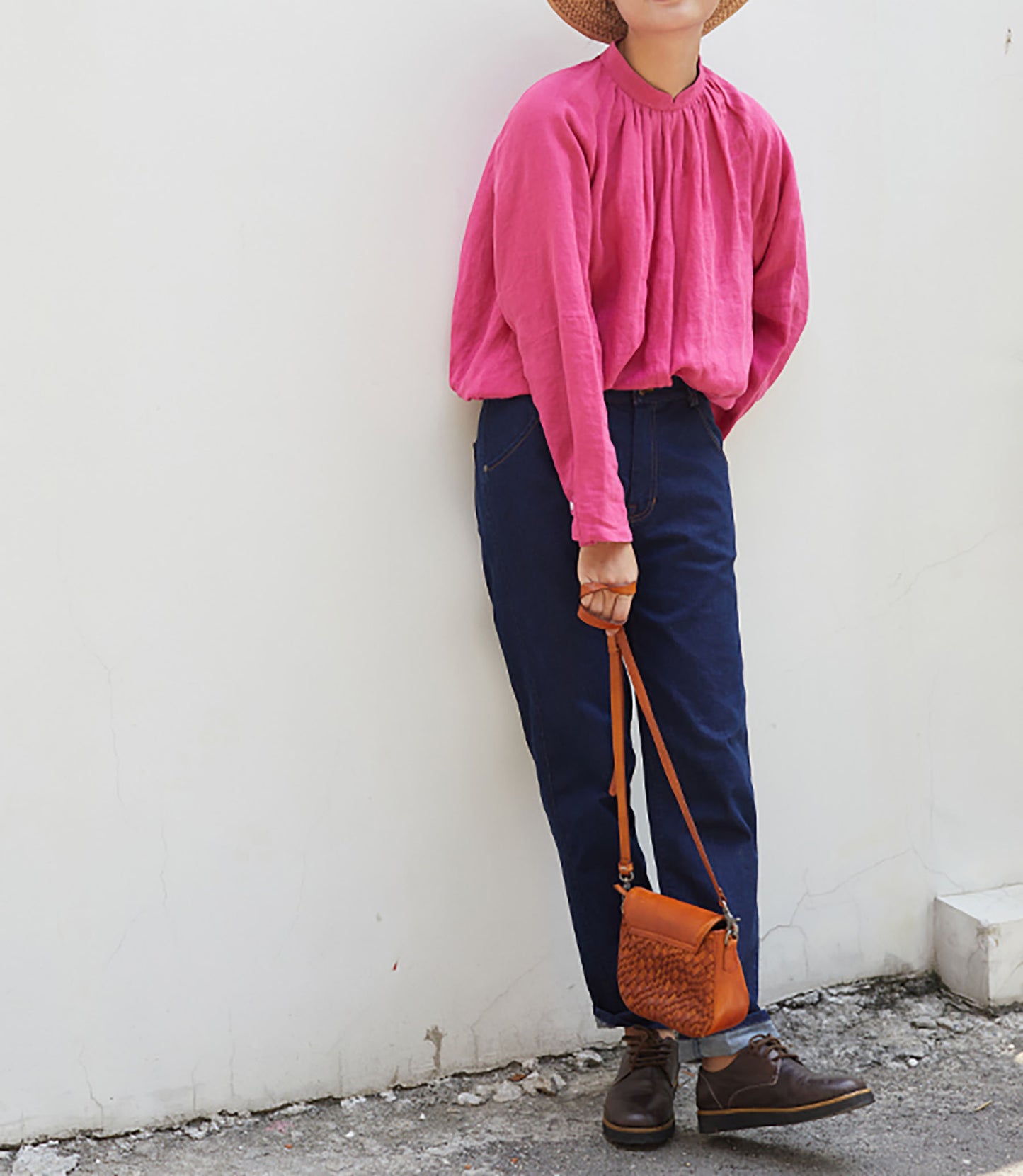 edoa Peach Washed Linen Victorian Blouse