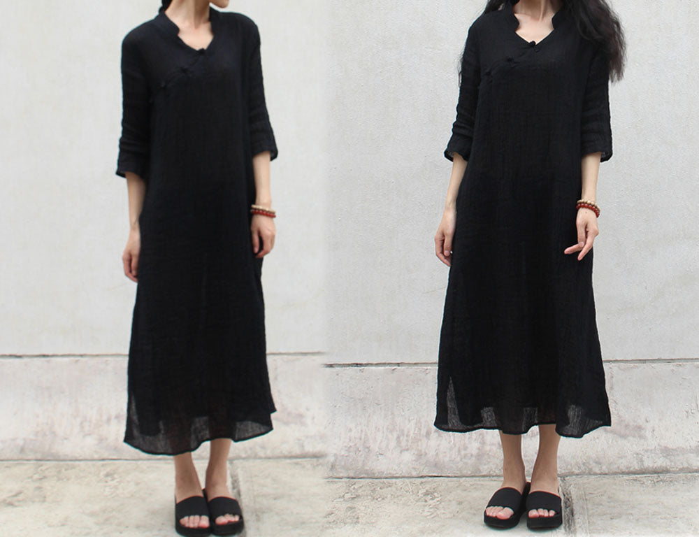 edoa Texture Linen Black Qipao Dress