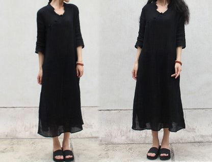 edoa Texture Linen Black Qipao Dress