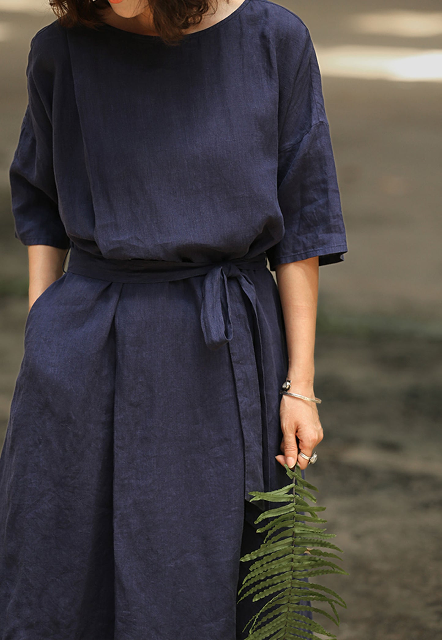 edoa Loose Pleated Linen Long Dress 