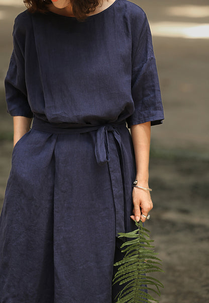 edoa Loose Pleated Linen Long Dress 