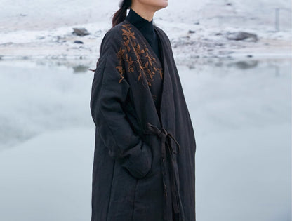 edoa Mud Silk Spun Hanfu Goose Down Coat with Hand Embroidery