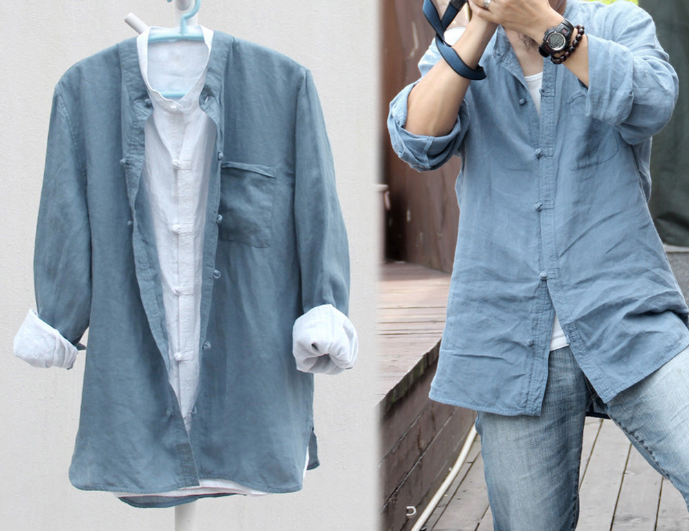 edoa stand collar linen shirt