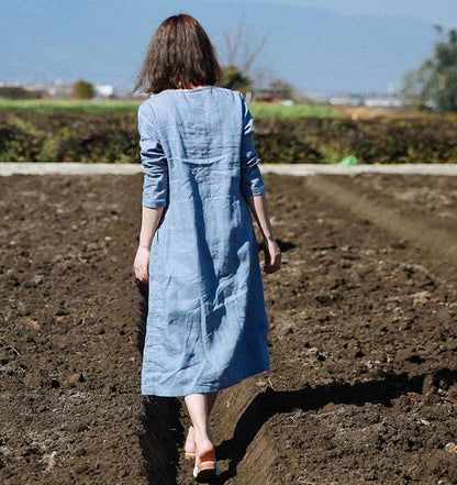 edoa Blue Linen Pleated Dress