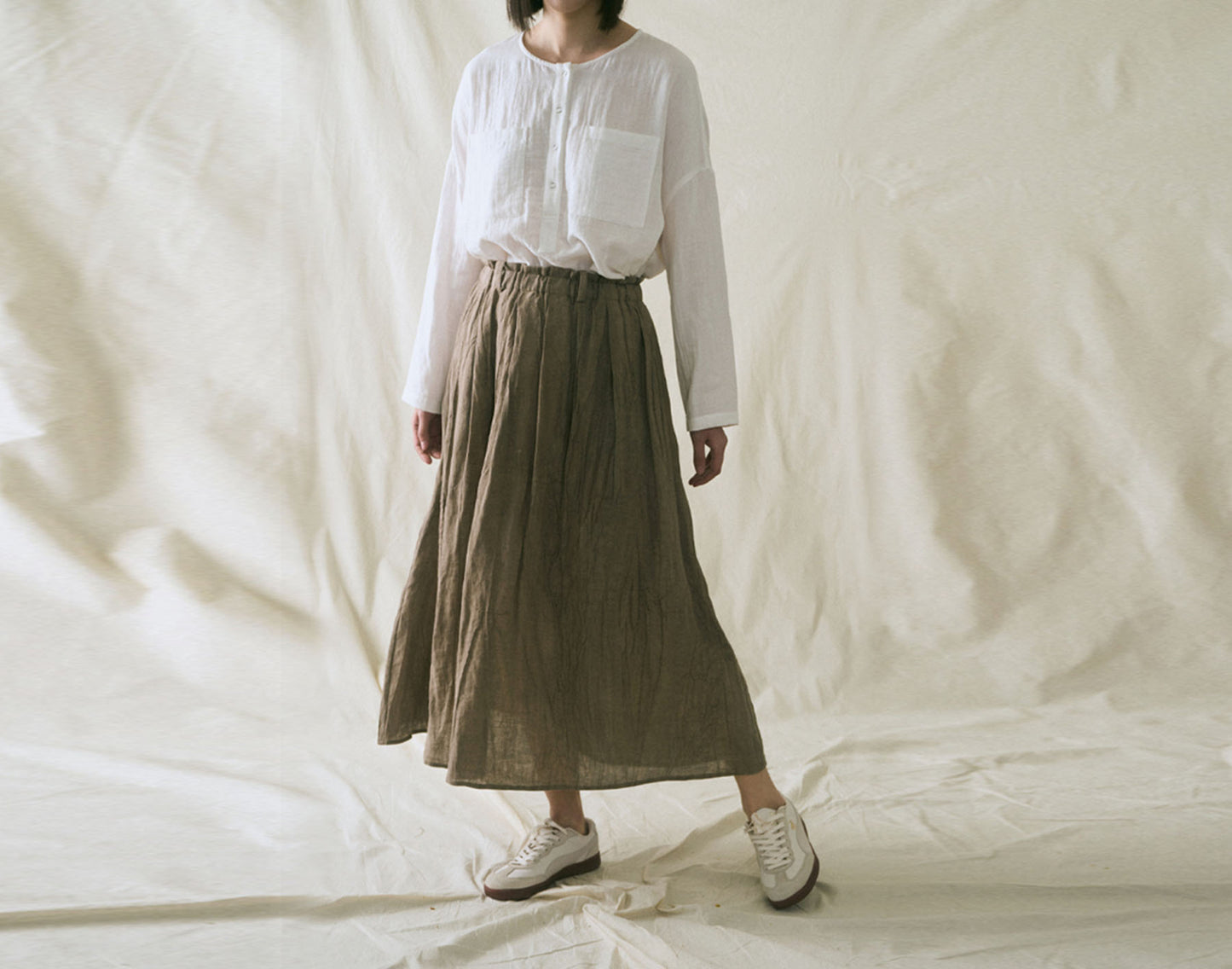 edoa Distressed Crinkled PIgment Dyed Linen A-line Pleated Skirt