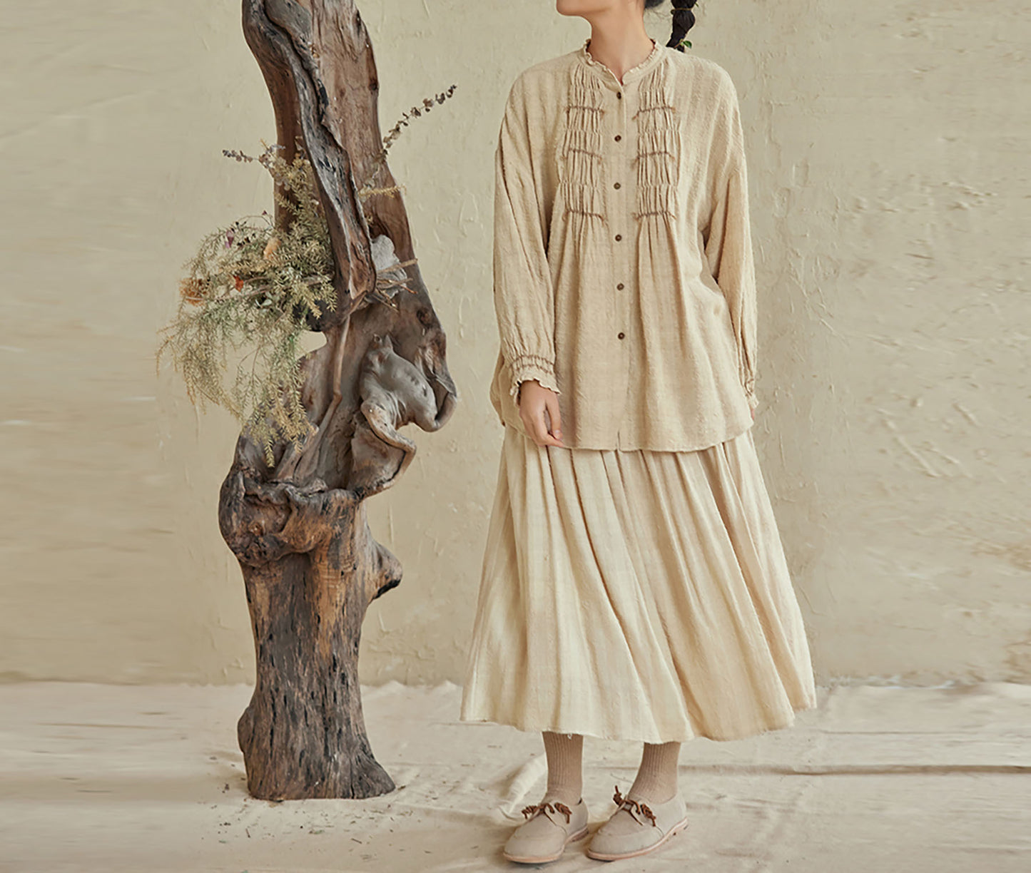 edoa Raw Tussah Silk Smocking Shirt