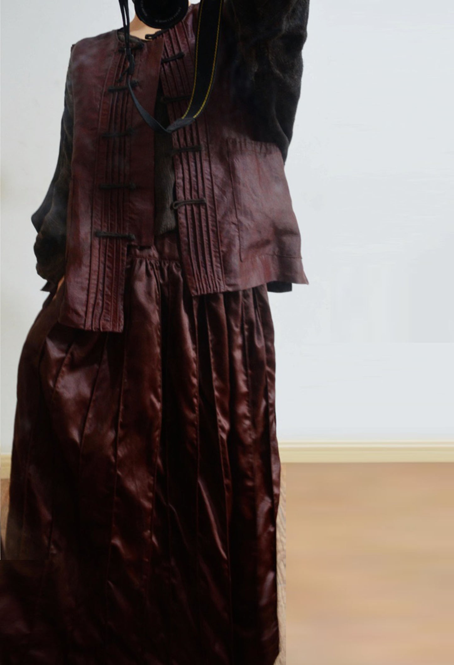 edoa Pintucked Mud Silk Chinese Vest with piping