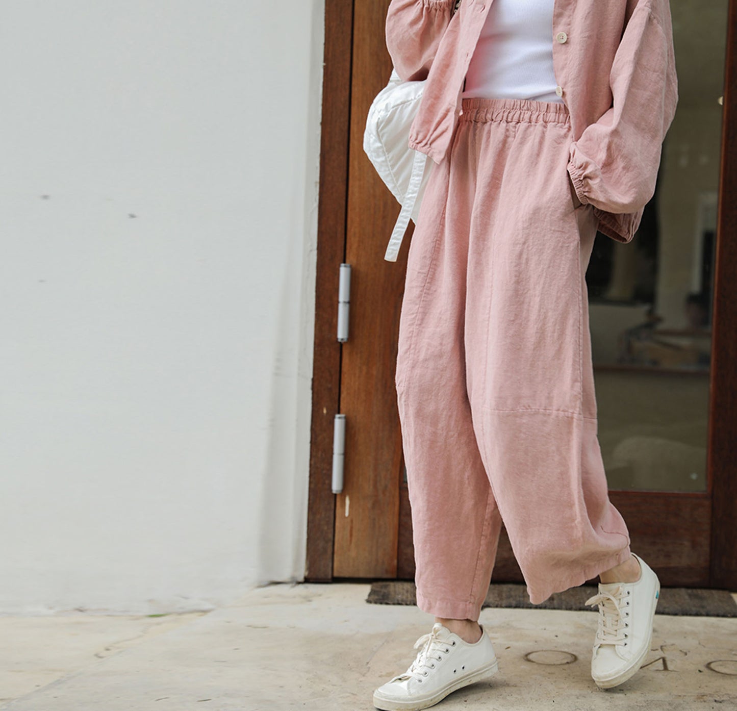 edoa Washed Linen Pink Boyfriend Pants