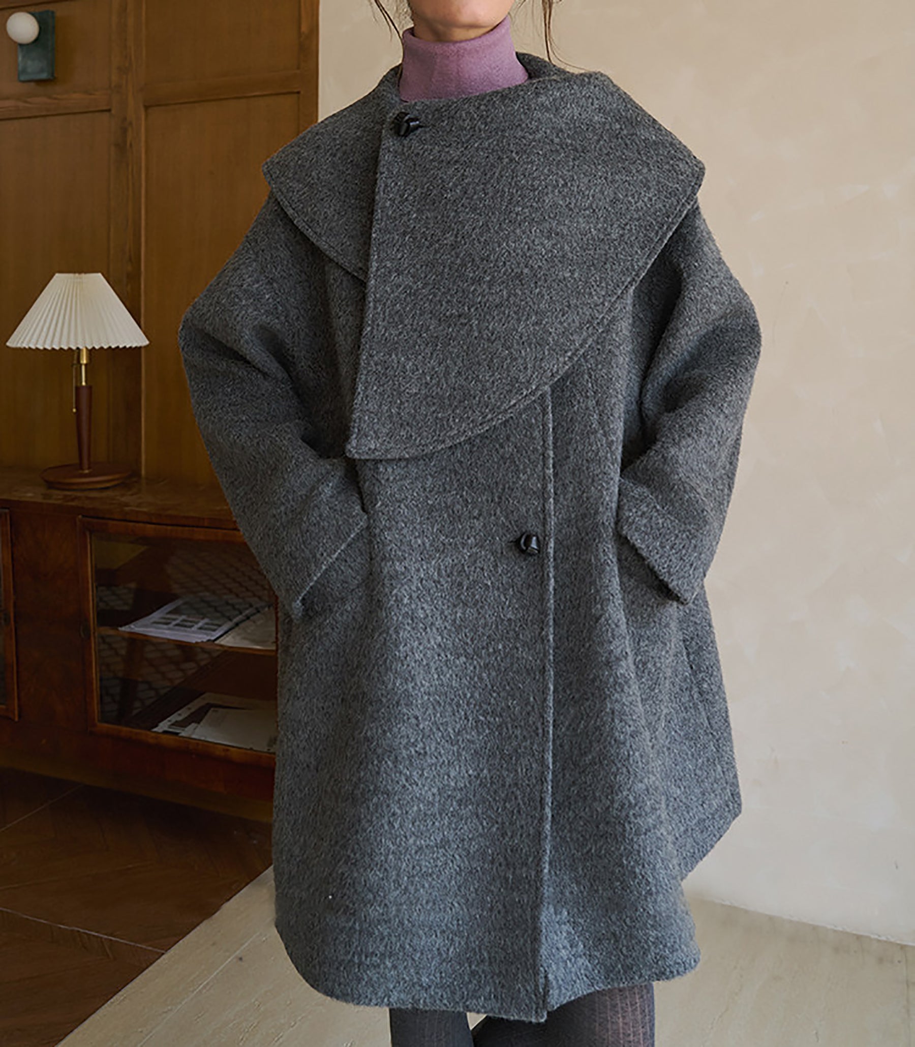 edoa Scarf Collar Alpaca Wool Trapeze Coat 