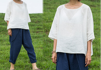 edoa Minimalist White Linen Ease Top
