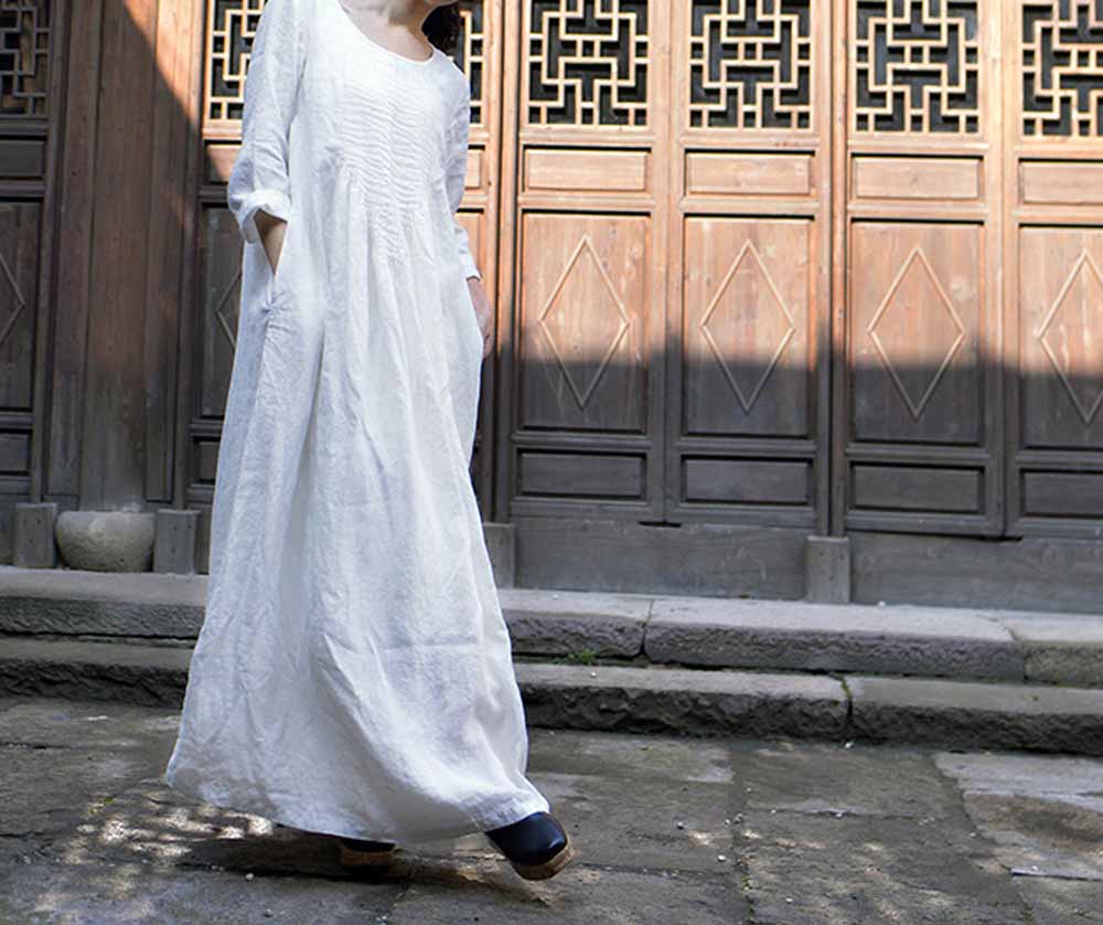 edoa Hand Pintucked Linen Floor-length Dress