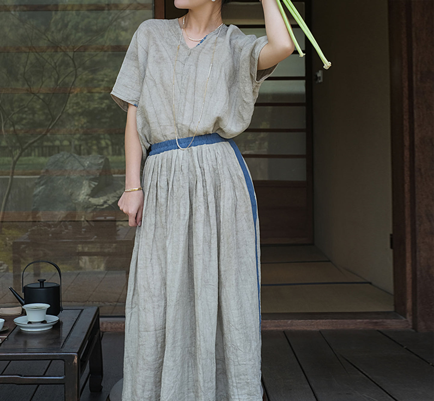 edoa Two Toned Crinkled Linen Skirt