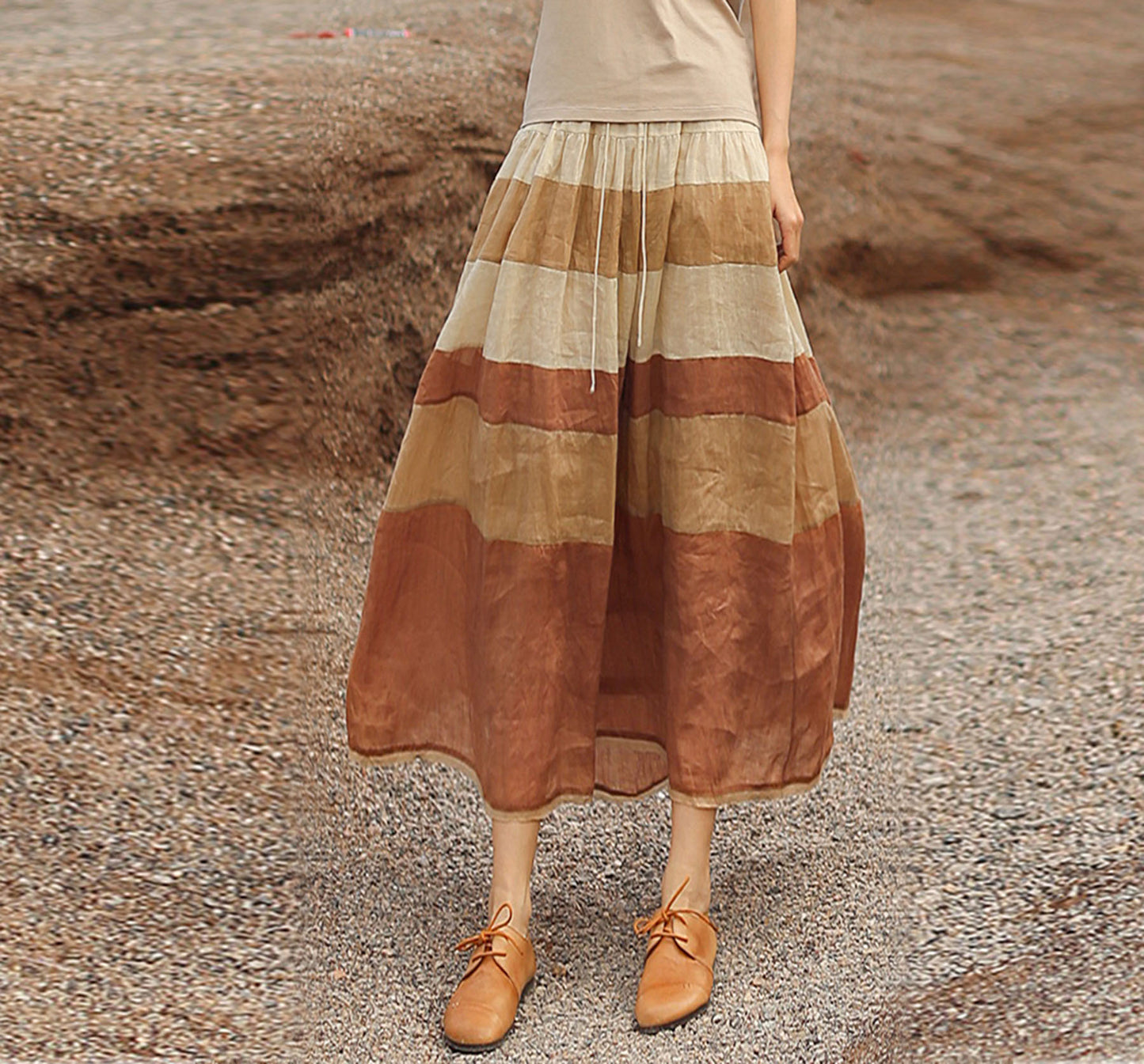 edoa Ramie Gauzy Patchwork Tiered Skirt