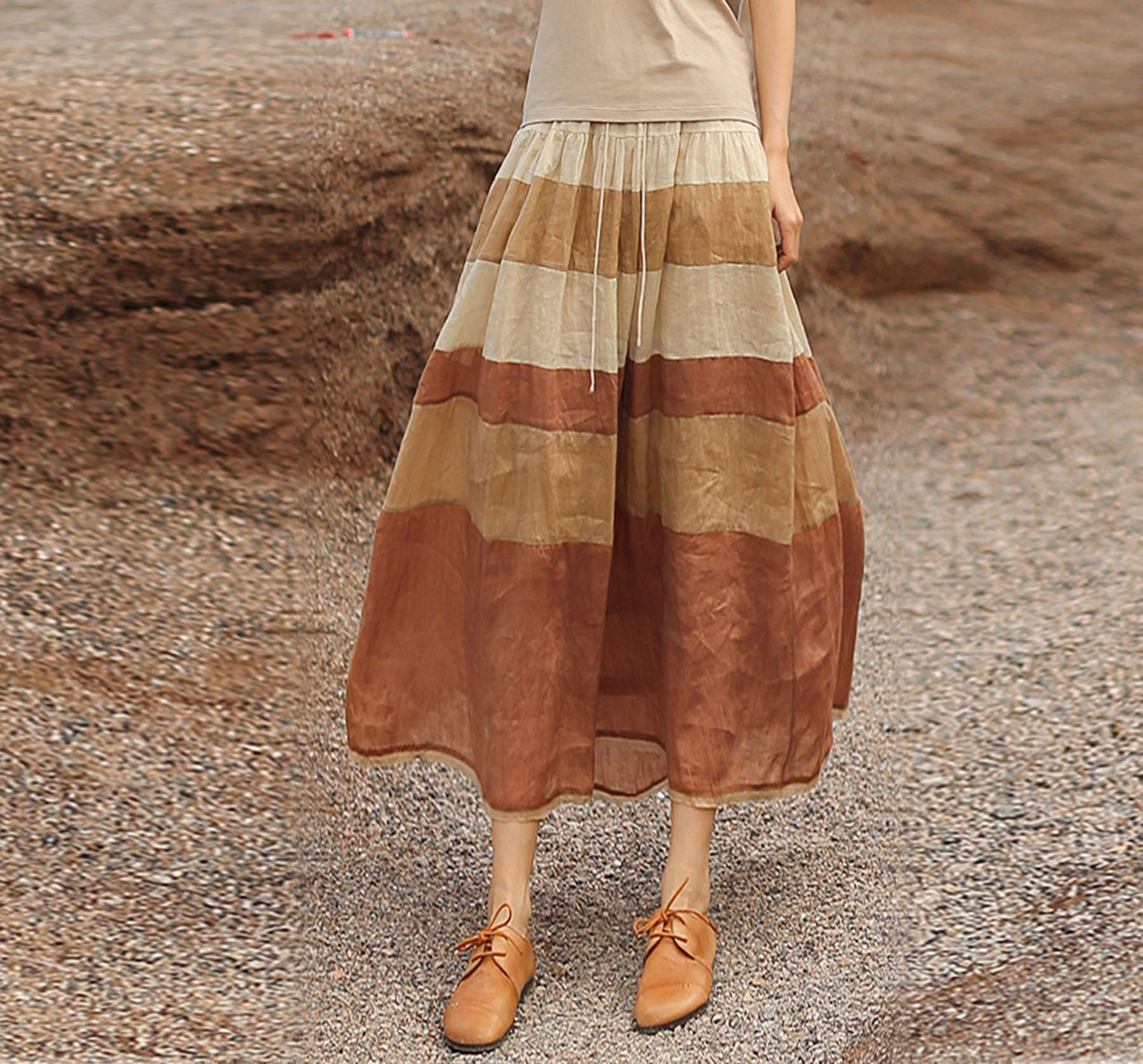 edoa Ramie Gauzy Patchwork Tiered Skirt