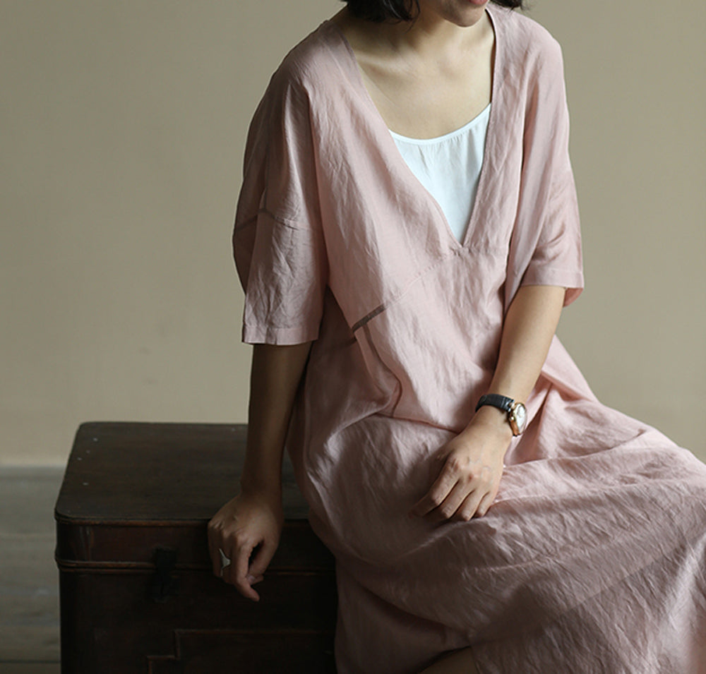 edoa Deep V Neck Smock Dress 