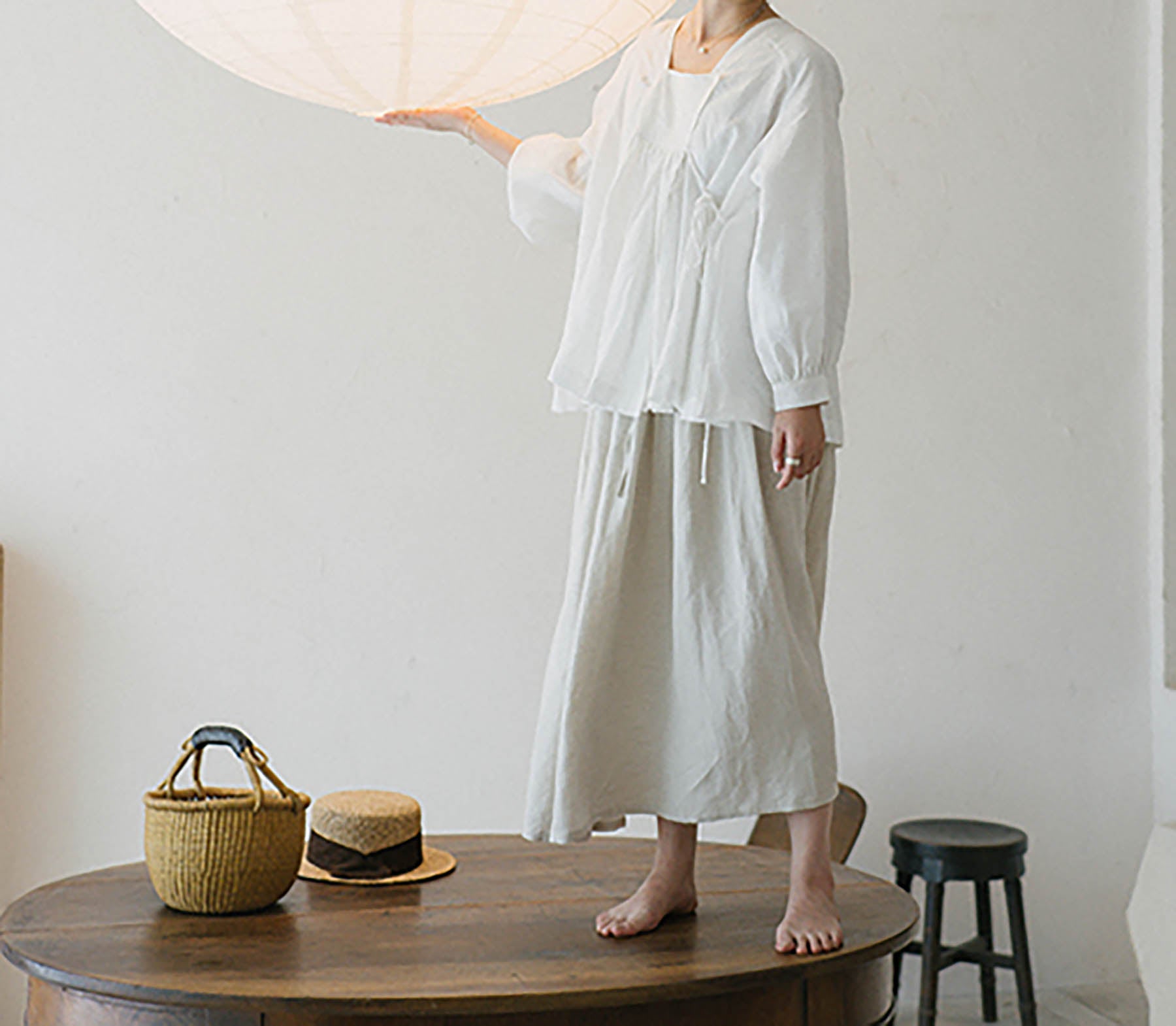 edoa Linen Puff Sleeves Blouse