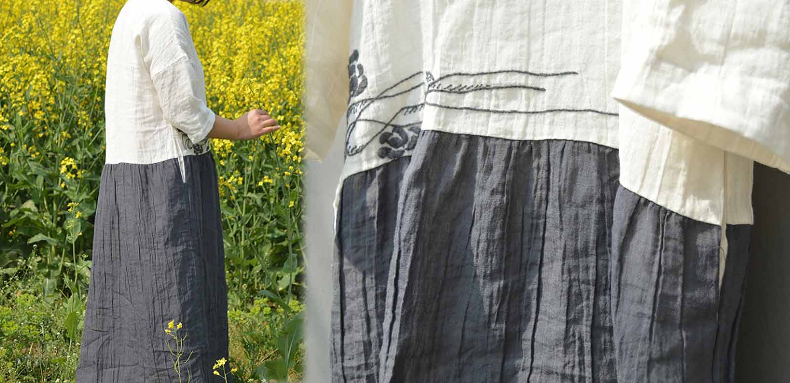 edoa Hand Embroidered Bi-color Ramie Dress