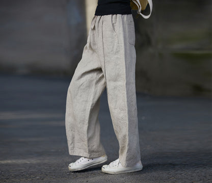 edoa Linen Asymmetric Tucks Wide Leg Crop Pants
