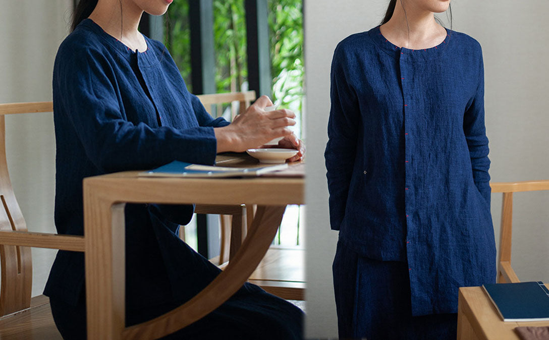 edoa Linen Long Sleeves Asymmetric Hemline Top