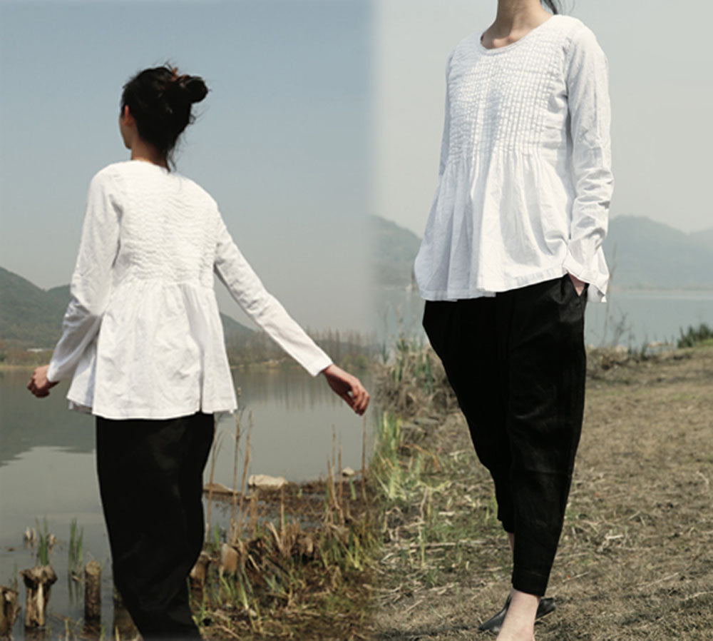 edoa Pintucked White Linen Blouse