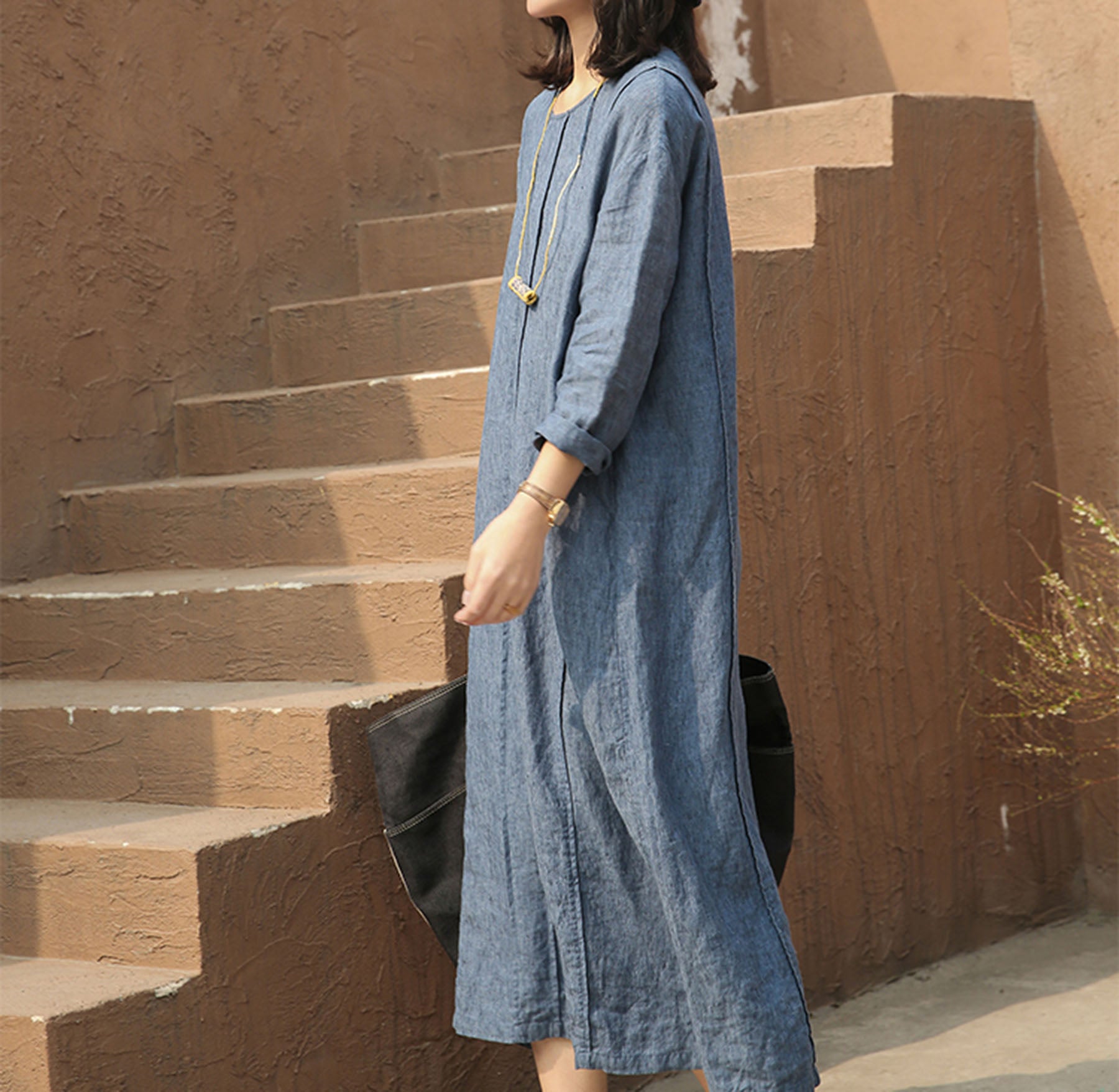 edoa Yarn Dyed Linen Dress with Pintucks 