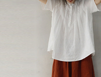 edoa White Pleated French Linen Top
