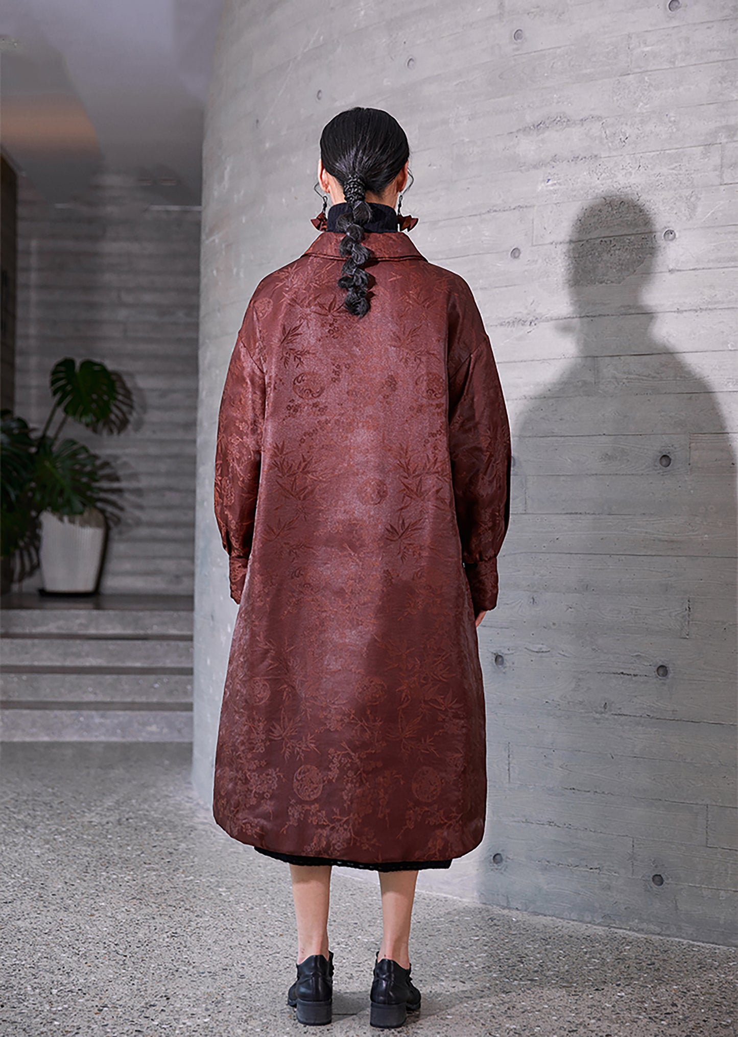 edoa Mud Silk Rayon Blend Jacquard Goose Down Long Coat 